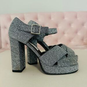 Vintage Retro Glam Rock Silver Sparkle Platform Shoes Sandals 7.5